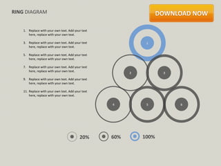 RING DIAGRAM


   1. Replace with your own text. Add your text
      here, replace with your own text.

   3. Replace with your own text. Add your text               1
      here, replace with your own text.

   5. Replace with your own text. Add your text
      here, replace with your own text.

   7. Replace with your own text. Add your text
      here, replace with your own text.
                                                         2          3
   9. Replace with your own text. Add your text
      here, replace with your own text.

   11. Replace with your own text. Add your text
       here, replace with your own text.

                                                   4          5         6




                                          20%      60%       100%
 