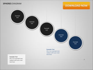 SPHERES DIAGRAM




              Example
                text


                                Example
                                  text


                                          Example
                                            text


                                                                   Example
                                                                     text


                                                                             Example
                                                                               text


                                             Example Text
                                             this is an example text.
                                             replace with your own
                                             text here
     Example Text
     this is an example text.
     replace with your own
     text here
 