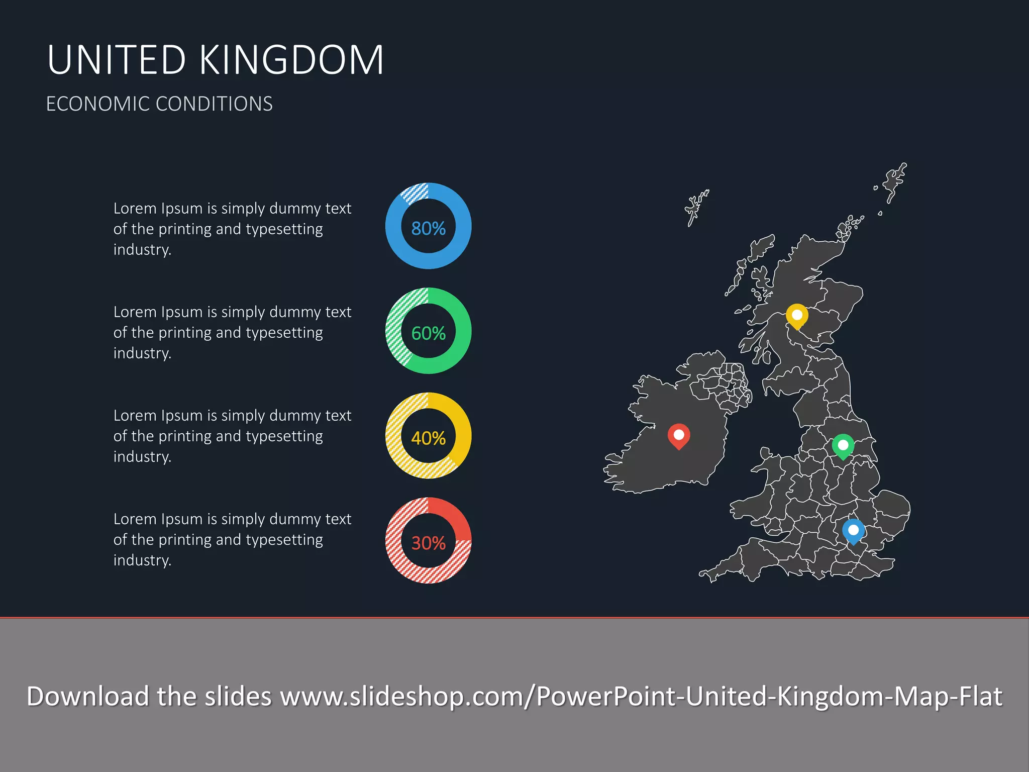 ECONOMIC CONDITIONS 
UNITED KINGDOM 
www.domainname.com 
Logo Company 
4 
30% 
40% 
60% 
80% 
Lorem Ipsum is simply dummy text of the printing and typesetting industry. 
Lorem Ipsum is simply dummy text of the printing and typesetting industry. 
Lorem Ipsum is simply dummy text of the printing and typesetting industry. 
Lorem Ipsum is simply dummy text of the printing and typesetting industry. 
Lorem Ipsum is simply dummy text of the printing and typesetting industry. Lorem Ipsum has been the industry standard dummy text ever since the 1500s, since the unknown printer took a galley of type and scrambled it to make a type specimen book. I has survived not only five centuries, but also the leap into electronic typesetting, remaining essentially unchanged. 
Download the slides www.slideshop.com/PowerPoint-United-Kingdom-Map-Flat  