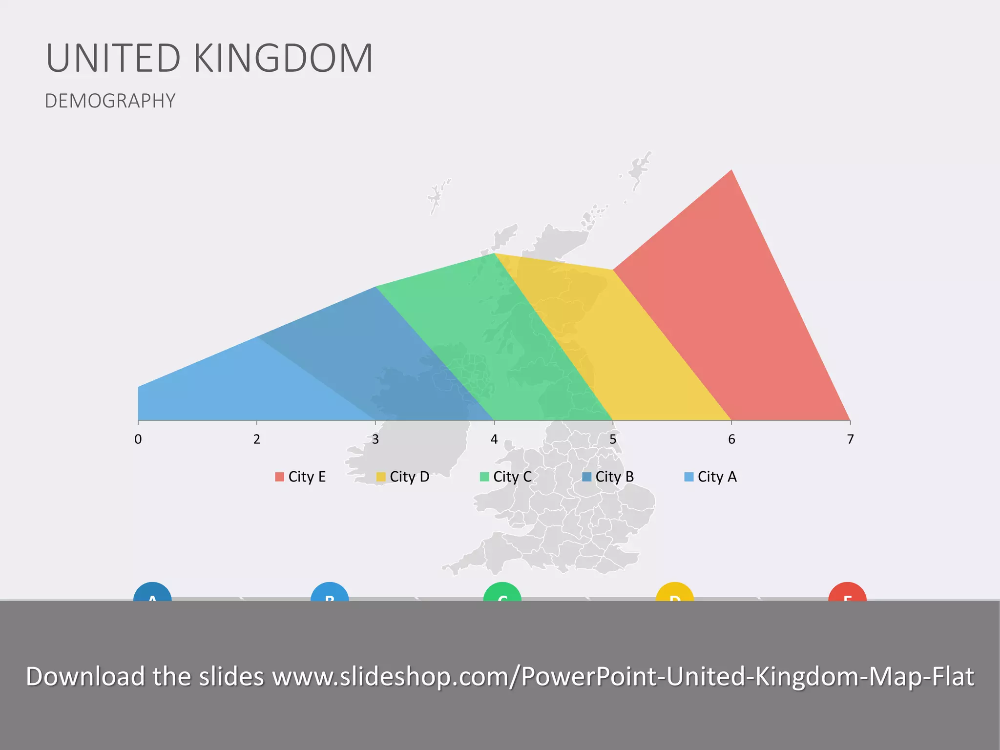 DEMOGRAPHY 
UNITED KINGDOM 
www.domainname.com 
Logo Company 
9 
0 
2 
3 
4 
5 
6 
7 
City E 
City D 
City C 
City B 
City A 
E 
C 
D 
B 
A 
Text Example here. Replace with your own text. 
Text Example here. Replace with your own text. 
Text Example here. Replace with your own text. 
Text Example here. Replace with your own text. 
Text Example here. Replace with your own text. 
Download the slides www.slideshop.com/PowerPoint-United-Kingdom-Map-Flat 