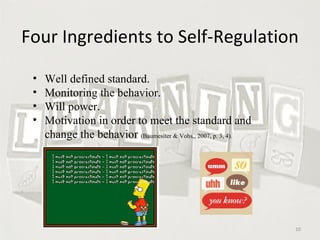 Four Ingredients to Self-Regulation Well defined standard. Monitoring the behavior. Will power. Motivation in order to meet the standard and change the behavior  (Baumesiter & Vohs,, 2007, p. 3, 4). 