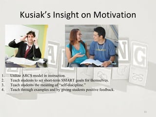 Kusiak’s Insight on Motivation Utilize ARCS model in instruction. Teach students to set short-term SMART goals for themselves. Teach students the meaning of “self-discipline.” Teach through examples and by giving students positive feedback. 