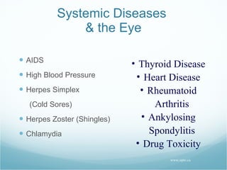 Systemic Diseases  & the Eye AIDS High Blood Pressure Herpes Simplex (Cold Sores) Herpes Zoster (Shingles) Chlamydia www.opto.ca Thyroid Disease Heart Disease Rheumatoid Arthritis Ankylosing Spondylitis Drug Toxicity 