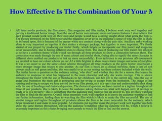 How Effective Is The Combination Of Your Main Product And Ancillary Texts?   All three media products; the film poster, film magazine and film trailer, I believe work very well together and portray a traditional horror image, from the use of horror conventions, micro and macro features. I also believe that each product would work well on their own and people would have a strong insight about what genre the film is. The picture portrayed on the film poster and the magazine cover gives the audience a sense of what the film is likely to be based upon, this is because of the creepy white eye contacts along with the pale skin. Ancillary tasks working alone is very important as together it then makes a stronger package, but together is more important. We firstly started of our project by producing our trailer firstly, which helped us incorporate our film poster and magazine cover successfully, due to having different shots to choose from. The idea of producing our film trailer first allowed us to have a common theme which would run through all three products to show a connection between them. The connection was made through the use of same colours and similar shots, (being able to signify the same character in different shots enabled our products to link up more successfully). From reference to our previous AS coursework we decided to base our colour scheme on our A2 a little brighter to show more clearer images and sense of storyline. It was a lot easier to use the same colour scheme throughout all three products as the genre horror incorporate a more stronger image that relates to one another. As our film is based on a clinical storyline, there is use of soft colours such as soft green and blue, this was useful to us as our setting has these colours included within the walls. Our trailer leaves a question on the audience asking, 'who dies?' and whether they die for a reason, this leaves the audience in suspense to what has happened to the main character and why she wants revenge. This is shown throughout the trailer with the use of flashbacks to her childhood, and her life to the current day. Also the use of anger and frustration the main girl is portraying and her trying to escape from the institution. The image of her running and trying to escape we have carried on to our film poster, as it is a very clear and understandable shot along with the use of headings and rhetorical question. The rhetorical question we have carried as a tagline throughout all three of our products, this is likely to leave the audience asking themselves what will happen next, if revenge is made or is it a mystery? This is something that the audience may want to find an answer to, this involves watching the film to find out the answer. Overall these essentials work well together as it leaves the audience wanting to find out further information, leading them to watching the film which is likely to make the film successful. The use of similar images and tagline throughout all products allows the film to be more noticeable for the audience, which helps broadcast it and make it more popular. All elements put together make the project work well together and help show the same themes throughout, leaving the audience wondering what the outcome will be, which I believe is extremely important as this creates bringing more people to watch the film to find out the answer.   
