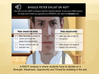 Provides a related student task. Artefact 1 has 11 slides with each containing information about exclusion in Australia. In this artefact the information is broken up into sub-topics making the information easier for students to understand. Each slide also contains a picture which relates to the information being discussed. 