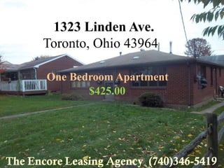 1323 Linden Ave.
Toronto, Ohio 43964

One Bedroom Apartment
       $425.00
 