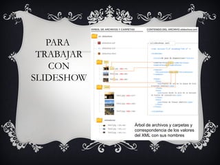 PARA
 TRABAJAR
    CON
SLIDESHOW



            Árbol de archivos y carpetas y
            correspondencia de los valores
            del XML con sus nombres
 
