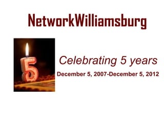 NetworkWilliamsburg

    Celebrating 5 years
    December 5, 2007-December 5, 2012
 