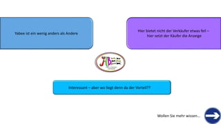 Yabee ist ein wenig anders als Andere
Hier bietet nicht der Verkäufer etwas feil –
hier setzt der Käufer die Anzeige
THERE IS TREASURE
EVERYWHERE
Interessant – aber wo liegt denn da der Vorteil??
Wollen Sie mehr wissen…
 