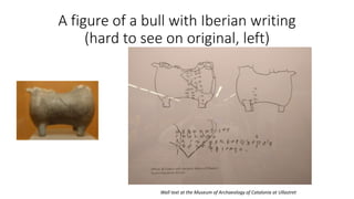 A figure of a bull with Iberian writing
(hard to see on original, left)
Wall text at the Museum of Archaeology of Cataloni...