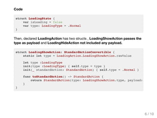 Code
struct LoadingState {
var isLoading = false
var type: LoadingType = .Normal
}
Then, declared LoadingAction has two structs , LoadingShowAction passes the
type as payload and LoadingHideAction not included any payload.
struct LoadingShowAction: StandardActionConvertible {
static let type = LoadingAction.LoadingShowAction.rawValue
let type :LoadingType
init(type :LoadingType) { self.type = type }
init(_ standardAction: StandardAction) { self.type = .Normal }
func toStandardAction() -> StandardAction {
return StandardAction(type: LoadingShowAction.type, payload: [
}
}
6 / 10
 