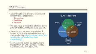 CAP Theorem
 According to Eric Brewer a distributed
system has 3 properties:
 Consistency
 Availability
 Partitions
 ...