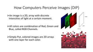 How Computers Perceive Images (DIP)
An image is a 2D, array with discrete
Intensities of light at a certain moment.
All colors are combination of Red, Green and
Blue, called RGB Channels.
Simply Put, colored images are 2D arrays
with one layer for each color.
 