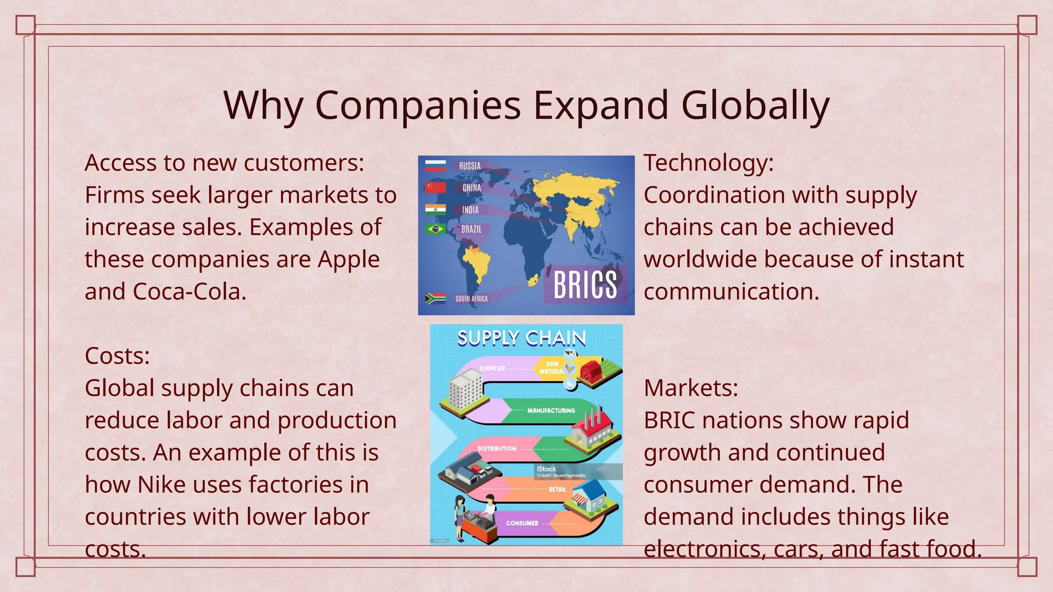 Why Companies Expand Globally
Technology:
Coordination with supply
chains can be achieved
worldwide because of instant
communication.
Markets:
BRIC nations show rapid
growth and continued
consumer demand. The
demand includes things like
electronics, cars, and fast food.
Access to new customers:
Firms seek larger markets to
increase sales. Examples of
these companies are Apple
and Coca-Cola.
Costs:
Global supply chains can
reduce labor and production
costs. An example of this is
how Nike uses factories in
countries with lower labor
costs.
 