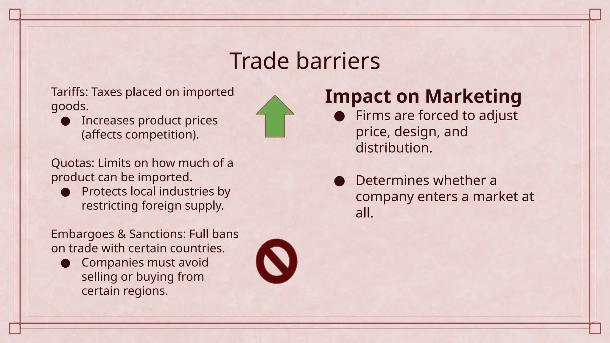 Trade barriers
Tariffs: Taxes placed on imported
goods.
● Increases product prices
(affects competition).
Quotas: Limits on how much of a
product can be imported.
● Protects local industries by
restricting foreign supply.
Embargoes & Sanctions: Full bans
on trade with certain countries.
● Companies must avoid
selling or buying from
certain regions.
Impact on Marketing
● Firms are forced to adjust
price, design, and
distribution.
● Determines whether a
company enters a market at
all.
 