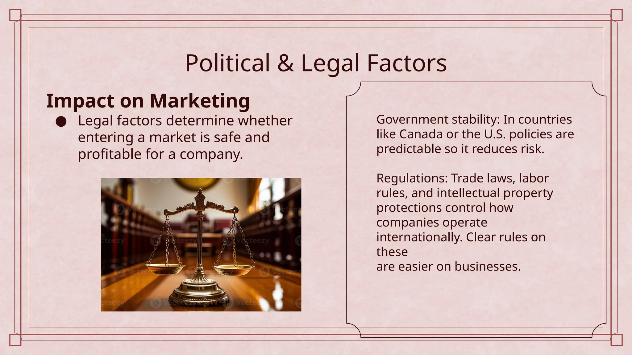 Political & Legal Factors
Government stability: In countries
like Canada or the U.S. policies are
predictable so it reduces risk.
Regulations: Trade laws, labor
rules, and intellectual property
protections control how
companies operate
internationally. Clear rules on
these
are easier on businesses.
Impact on Marketing
● Legal factors determine whether
entering a market is safe and
profitable for a company.
 