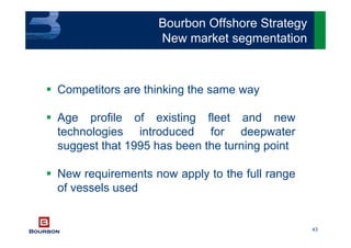 43
Bourbon Offshore Strategy
New market segmentation
Competitors are thinking the same way
Age profile of existing fleet and new
technologies introduced for deepwater
suggest that 1995 has been the turning point
New requirements now apply to the full range
of vessels used
 