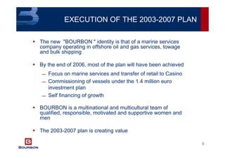 5
EXECUTION OF THE 2003-2007 PLAN
The new "BOURBON " identity is that of a marine services
company operating in offshore oil and gas services, towage
and bulk shipping
By the end of 2006, most of the plan will have been achieved
 Focus on marine services and transfer of retail to Casino
 Commissioning of vessels under the 1.4 million euro
investment plan
 Self financing of growth
BOURBON is a multinational and multicultural team of
qualified, responsible, motivated and supportive women and
men
The 2003-2007 plan is creating value
 