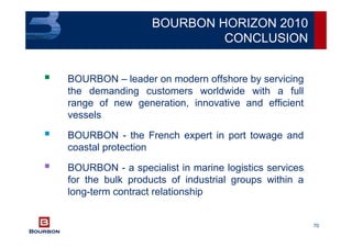 70
BOURBON HORIZON 2010
CONCLUSION
BOURBON – leader on modern offshore by servicing
the demanding customers worldwide with a full
range of new generation, innovative and efficient
vessels
BOURBON - the French expert in port towage and
coastal protection
BOURBON - a specialist in marine logistics services
for the bulk products of industrial groups within a
long-term contract relationship
 