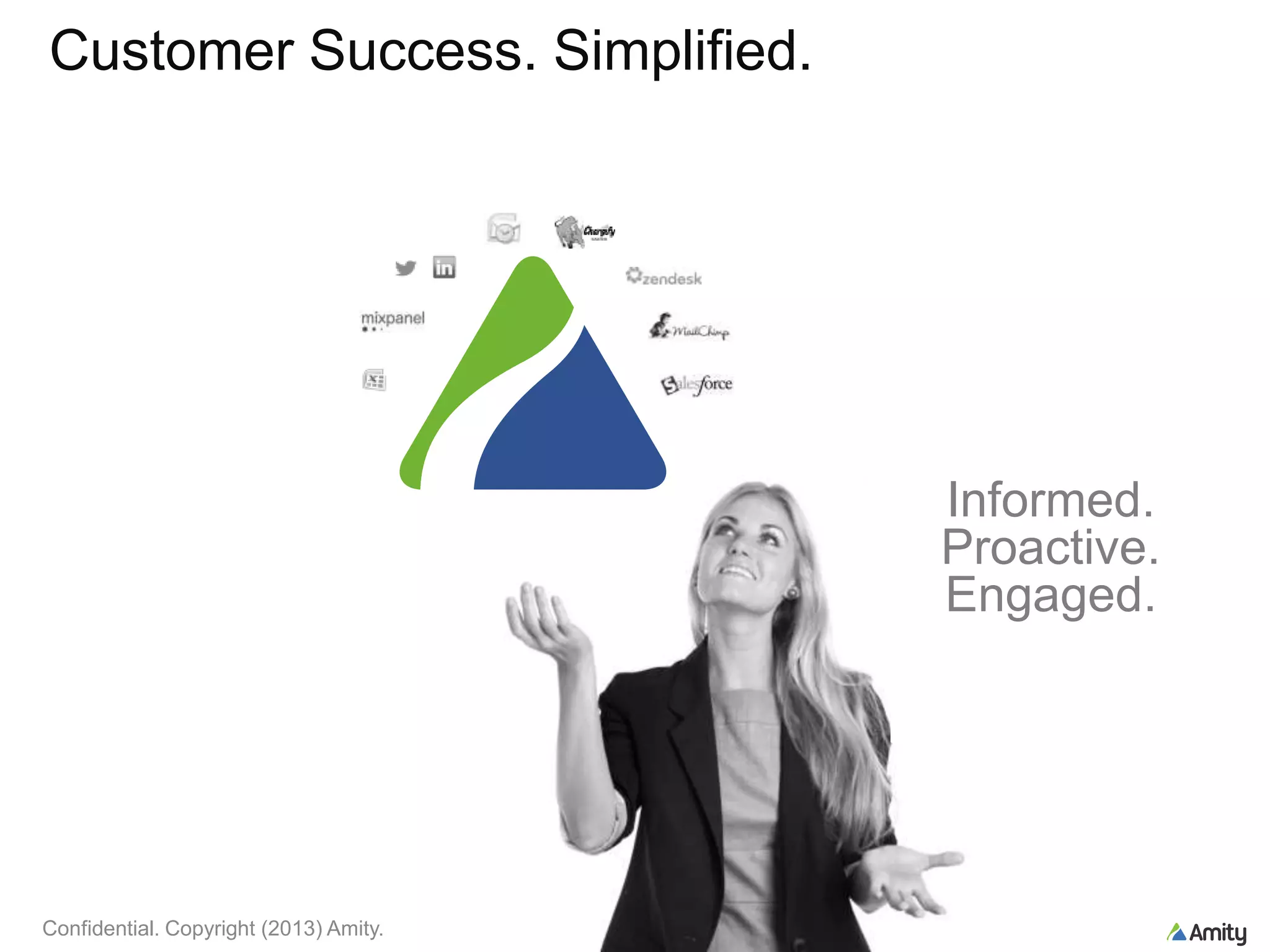 Customer Success. Simplified.
Informed.
Proactive.
Engaged.
Confidential. Copyright (2013) Amity.
 
