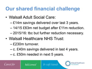 Our shared financial challenge
• Walsall Adult Social Care:
– £14m savings delivered over last 3 years.
– 14/15 £63m net budget after £11m reduction.
– 2015/16: tbc but further reduction necessary.
• Walsall Healthcare NHS Trust:
– £230m turnover.
– c. £40m savings delivered in last 4 years.
– c. £50m needed in next 5 years.
 