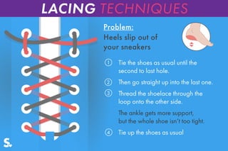 Problem:
Tie the shoes as usual until the
second to last hole.
Then go straight up into the last one.
Thread the shoelace through the
loop onto the other side.
The ankle gets more support,
but the whole shoe isn‘t too tight.
Tie up the shoes as usual
Heels slip out of
your sneakers
2
3
4
1
LACING TECHNIQUES
 