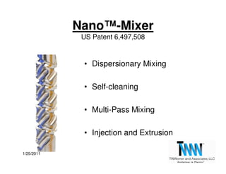 Nano™-Mixer
             US Patent 6,497,508


             • Dispersionary Mixing

             • Self-cleaning

        ...