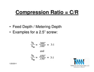 Compression Ratio = C/R

• Feed Depth / Metering Depth
• Examples for a 2.5” screw:

            hf   .300”
              ...