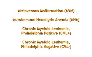 Atriovenous Malformation (AVM)Atriovenous Malformation (AVM)
Autoimmune Hemolytic Anemia (AHA)Autoimmune Hemolytic Anemia (AHA)
Chronic Myeloid Leukemia,Chronic Myeloid Leukemia,
Philadelphia Positive (CML+)Philadelphia Positive (CML+)
Chronic Myeloid Leukemia,Chronic Myeloid Leukemia,
Philadelphia Negative (CML-)Philadelphia Negative (CML-)
 
