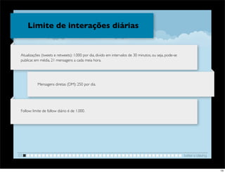Limite de interações diárias


 Atualizações (tweets e retweets): 1.000 por dia, divido em intervalos de 30 minutos, ou seja, pode-se
 publicar, em média, 21 mensagens a cada meia hora.




            Mensagens diretas (DM): 250 por dia.




 Follow: limite de follow diário é de 1.000.




01                                                                                                       twitter e blaving


                                                                                                                             14
 