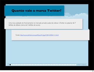 Quanto vale a marca Twitter?


 Uma nova avaliação de ﬁnanciamento no mercado privado acaba de colocar o Twitter no patamar de 7
 bilhões de dólares (cerca de 5 bilhões de euros).




           Fonte: http://www.dinheirovivo.pt/Buzz/Artigo/CIECO006111.html




01                                                                                                  twitter e blaving


                                                                                                                        18
 