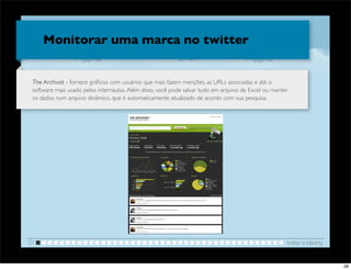 Monitorar uma marca no twitter


 The Archivist - fornece gráﬁcos com usuários que mais fazem menções, as URLs associadas e até o
 software mais usado pelos internautas. Além disso, você pode salvar tudo em arquivo de Excel ou manter
 os dados num arquivo dinâmico, que é automaticamente atualizado de acordo com sua pesquisa.




                                                                             !



01                                                                                                    twitter e blaving


                                                                                                                          28
 