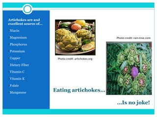 Eating artichokes…   …Is no joke! Artichokes are and excellent source of…  Niacin  Magnesium Phosphorus Potassium  Copper Dietary Fiber Vitamin C  Vitamin K Folate  Manganese Photo credit: artichokes.org Photo credit: rain-tree.com 