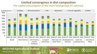 Limited convergence in diet composition
Per capita consumption of the main food groups (in calories)
0
500
1000
1500
2000
2500
3000
3500
4000
2020-22 2032 2020-22 2032 2020-22 2032 2020-22 2032 2020-22 2032 2020-22 2032 2020-22 2032 2020-22 2032
World North America Latin America
and the
Caribbean
Europe &
Central Asia
Near East and
North Africa
Developed and
East Asia
South and
Southeast Asia
Sub-Saharan
Africa
kcal/day/person Staples Animal products Fats Sweeteners Fruits & vegetables Other
 