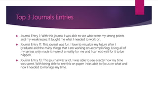 Top 3 Journals Entries
 Journal Entry 1: With this journal I was able to see what were my strong points
and my weaknesses. It taught me what I needed to work on.
 Journal Entry 11: This journal was fun. I love to visualize my future after I
graduate and the many things that I am working on accomplishing. Using all of
my senses only made it more of a reality for me and I can not wait for it to be
happen.
 Journal Entry 13: This journal was a lot. I was able to see exactly how my time
was spent. With being able to see this on paper I was able to focus on what and
how I needed to manage my time.
 
