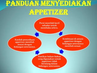 PANDUAN MENYEDIAKAN
     APPETIZER
                         Porsi mestilah kecil
                           sekadar untuk
                          membuka selera.




  Kaedah penyediaan                             Kombinasi di antara
  appetizer mestilah                             appetizer dengan
    sesuai dengan                               hidangan seterusnya
 hidangan seterusnya.                             mestilah sesuai.



                        Pastikan bahan-bahan
                        yang digunakan untuk
                            appetizer tidak
                            berulang dalam
                         hidangan seterusnya.
 