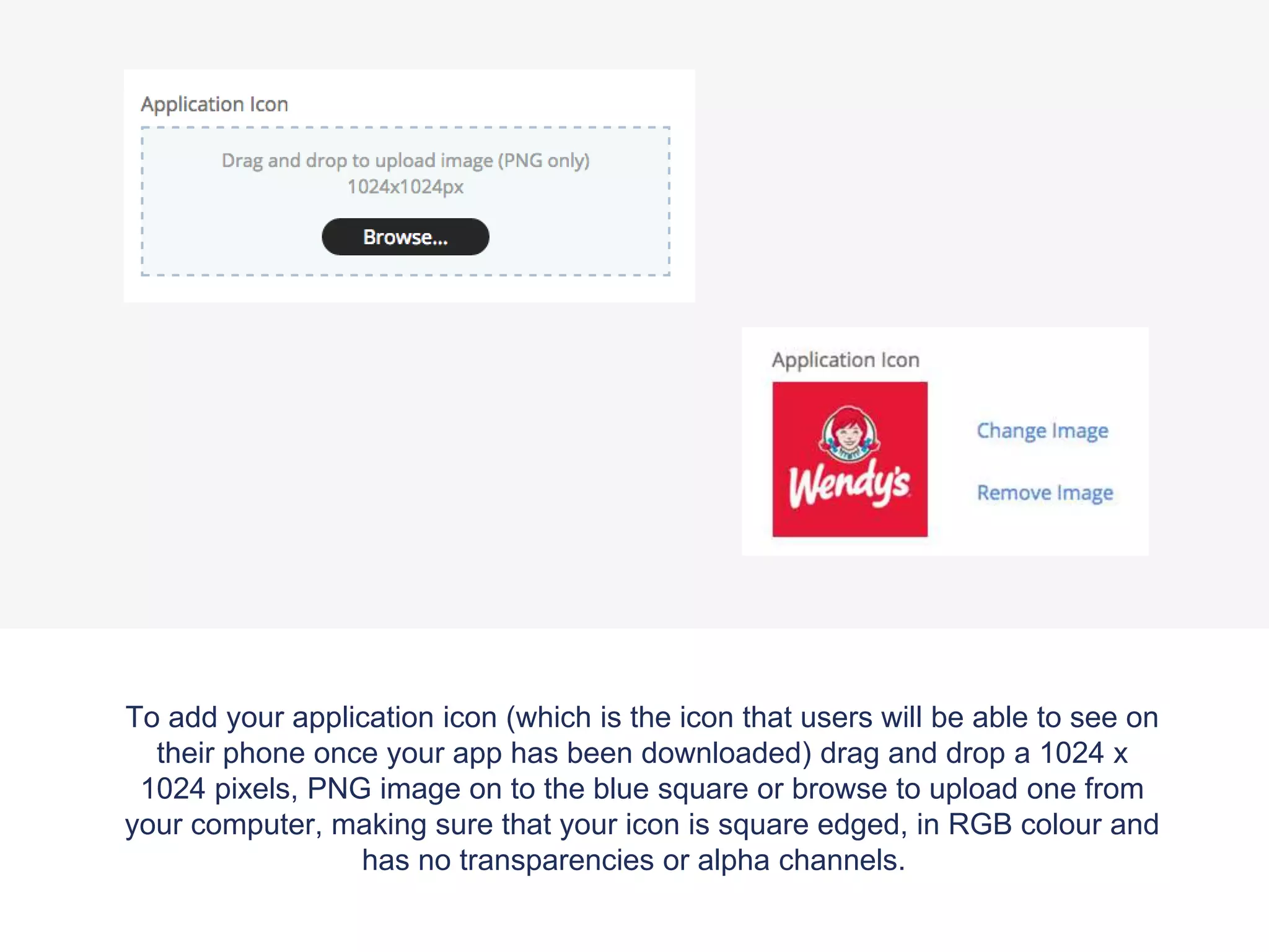 To add your application icon (which is the icon that users will be able to see on
their phone once your app has been downloaded) drag and drop a 1024 x
1024 pixels, PNG image on to the blue square or browse to upload one from
your computer, making sure that your icon is square edged, in RGB colour and
has no transparencies or alpha channels.
 