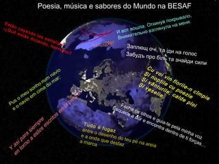 Заплющ очі, та іди на голос
Забудъ про біль та знайди сили
Щоб відчути дощ який забрав всі твоі слыози
Poesia, música e sabores do Mundo na BESAF
Заплющ очі, та іди на голосЗабудъ про біль та знайди сили
Fecha os olhos e guia-te pela minha voz
Esquece a dor e encontra dentro de ti forças…
Están cayendo las estrellas . . . 
-¿Qué estás diciendo, hermano?
Pus o meu sonho num
navio
e o navio em
cima do mar;
Y
así para
siem
pre
en
torno
a
estos
escritos
en
la
piedra,
Tudo é fugazentre o desenho do teu pé na areia
e a onda que desfaz
a marca
Cu voi vin florile-n cîmpie
Şi nopţile cu poezie
Şi vânturile, calde ploi
Şi veselie.
И вот вошла. Откинув покрывало,
Внимательно взглянула на меня.
 
