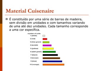 Material Cuisenaire É constituído por uma série de barras de madeira, sem divisão em unidades e com tamanhos variando de uma até dez unidades. Cada tamanho corresponde a uma cor específica.  