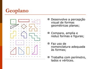Geoplano Desenvolve a percepção visual de formas geométricas planas;  Compara, amplia e reduz formas e figuras;  Faz uso de nomenclatura adequada às formas;  Trabalha com perímetro, lados e vértices.  
