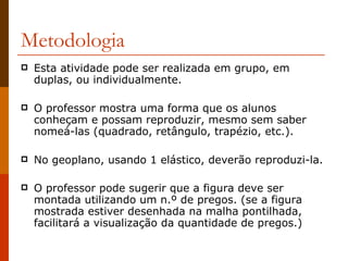 Metodologia Esta atividade pode ser realizada em grupo, em duplas, ou individualmente.  O professor mostra uma forma que os alunos conheçam e possam reproduzir, mesmo sem saber nomeá-las (quadrado, retângulo, trapézio, etc.).  No geoplano, usando 1 elástico, deverão reproduzi-la.  O professor pode sugerir que a figura deve ser montada utilizando um n.º de pregos. (se a figura mostrada estiver desenhada na malha pontilhada, facilitará a visualização da quantidade de pregos.)     