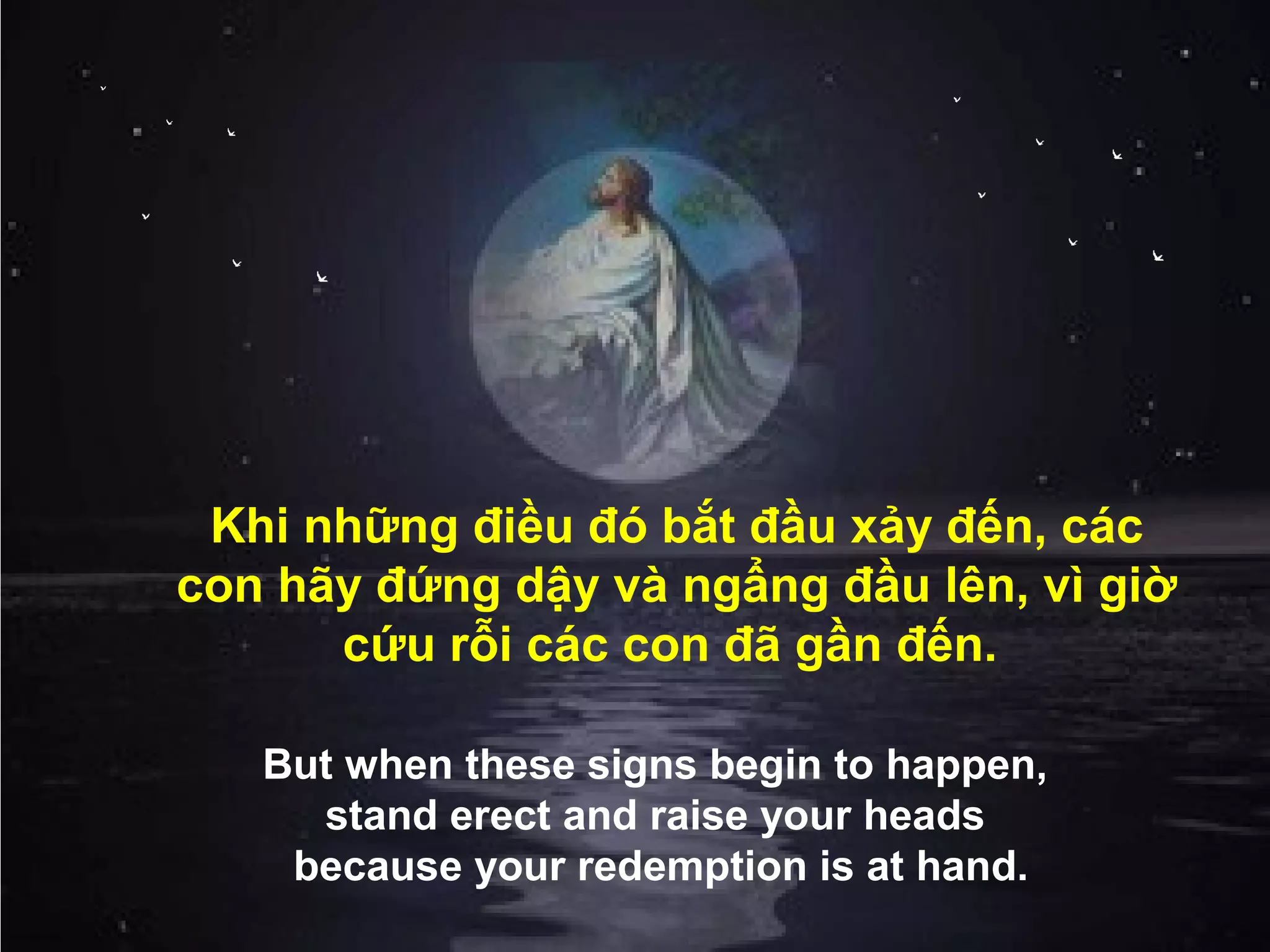 Khi những điều đó bắt đầu xảy đến, các
con hãy đứng dậy và ngẩng đầu lên, vì giờ
      cứu rỗi các con đã gần đến.

   But when these signs begin to happen,
     stand erect and raise your heads
    because your redemption is at hand.
 