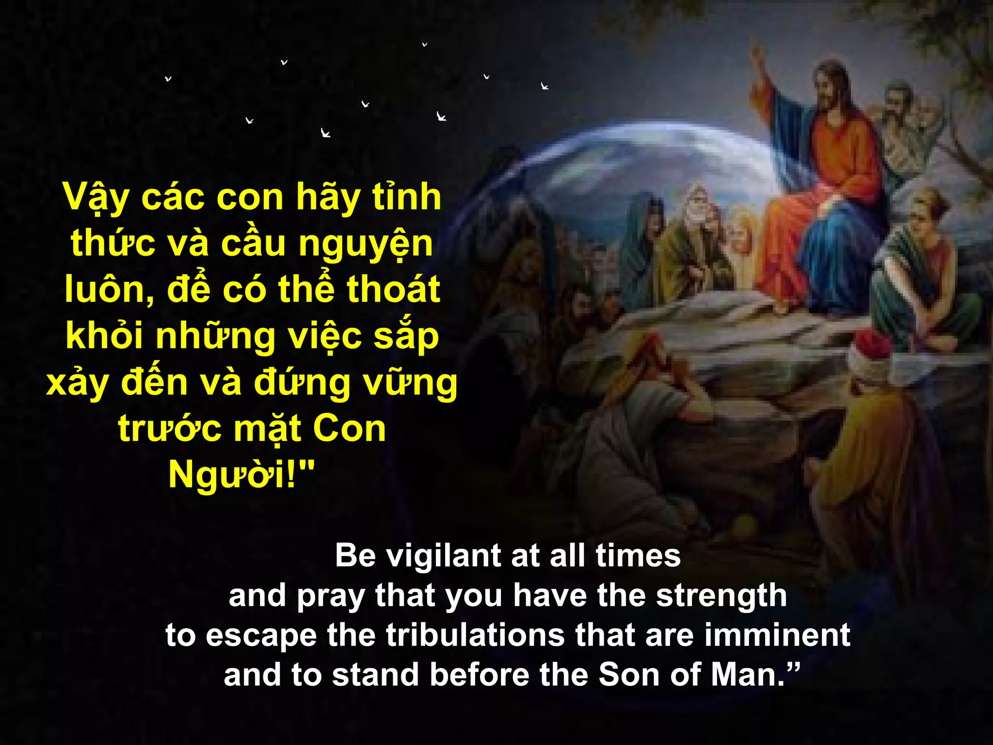 Vậy các con hãy tỉnh
  thức và cầu nguyện
 luôn, để có thể thoát
 khỏi những việc sắp
xảy đến và đứng vững
    trước mặt Con
       Người!"

                 Be vigilant at all times
          and pray that you have the strength
      to escape the tribulations that are imminent
          and to stand before the Son of Man.”
 