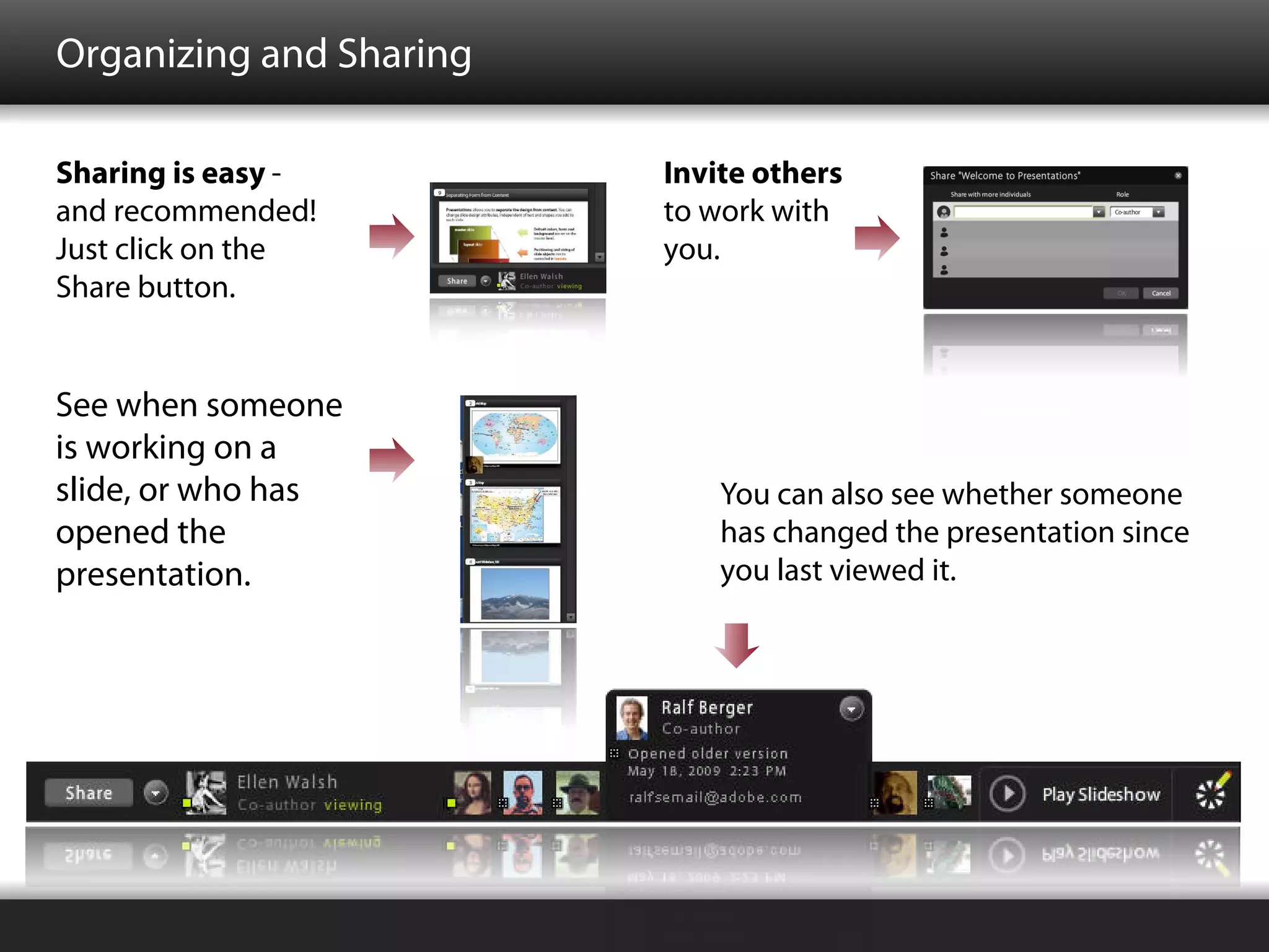 Organizing and Sharing

Sharing is easy -        Invite others
and recommended!         to work with
Just click on the        you.
Share button.


See when someone
is working on a
slide, or who has            You can also see whether someone
opened the                   has changed the presentation since
presentation.                you last viewed it.
 