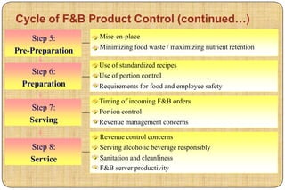 Cycle of F&B Product Control (continued…)
    Step 5:       Mise-en-place
                  Minimizing food waste / maximizing nutrient retention
Pre-Preparation
                  Use of standardized recipes
   Step 6:        Use of portion control
 Preparation      Requirements for food and employee safety

                  Timing of incoming F&B orders
   Step 7:        Portion control
   Serving        Revenue management concerns

                  Revenue control concerns
    Step 8:       Serving alcoholic beverage responsibly
    Service       Sanitation and cleanliness
                  F&B server productivity
 