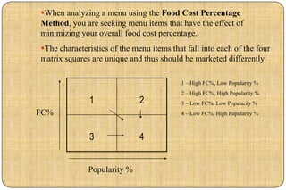 When analyzing a menu using the Food Cost Percentage
Method, you are seeking menu items that have the effect of
minimizing your overall food cost percentage.
The characteristics of the menu items that fall into each of the four
matrix squares are unique and thus should be marketed differently

                                          1 – High FC%, Low Popularity %
                                          2 – High FC%, High Popularity %
              1               2           3 – Low FC%, Low Popularity %
FC%                                       4 – Low FC%, High Popularity %



              3               4


              Popularity %
 