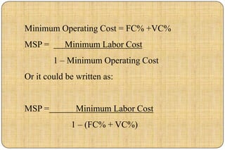 Minimum Operating Cost = FC% +VC%
MSP =      Minimum Labor Cost
        1 – Minimum Operating Cost
Or it could be written as:


MSP =          Minimum Labor Cost
             1 – (FC% + VC%)
 