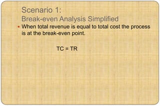 Scenario 1:
 Break-even Analysis Simplified
 When total revenue is equal to total cost the process
 is at the break-even point.

                TC = TR
 