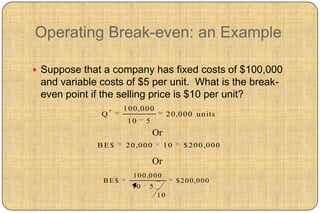 Operating Break-even: an Example

 Suppose that a company has fixed costs of $100,000
 and variable costs of $5 per unit. What is the break-
 even point if the selling price is $10 per unit?
                  *   1 0 0 ,0 0 0
              Q                           2 0 , 0 0 0 u n its
                       10     5
                                    Or
             BE$       2 0 ,0 0 0        10      $ 2 0 0 ,0 0 0

                                    Or
                         1 0 0 ,0 0 0
              BE$                             $ 2 0 0, 0 0 0
                         10     5
                                     10
 