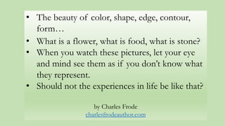 • The beauty of color, shape, edge, contour,
form…
• What is a flower, what is food, what is stone?
• When you watch these pictures, let your eye
and mind see them as if you don’t know what
they represent.
• Should not the experiences in life be like that?
by Charles Frode
charlesfrodeauthor.com
 